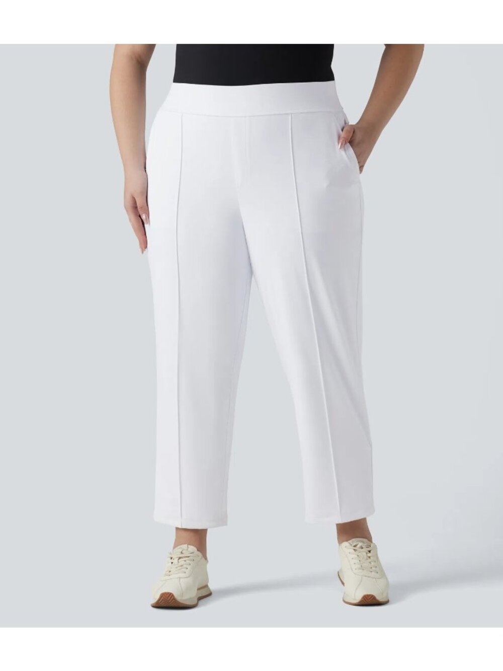 Halara M White Regular Fit Elastic Waist Womens Pants With Side And Back Pockets